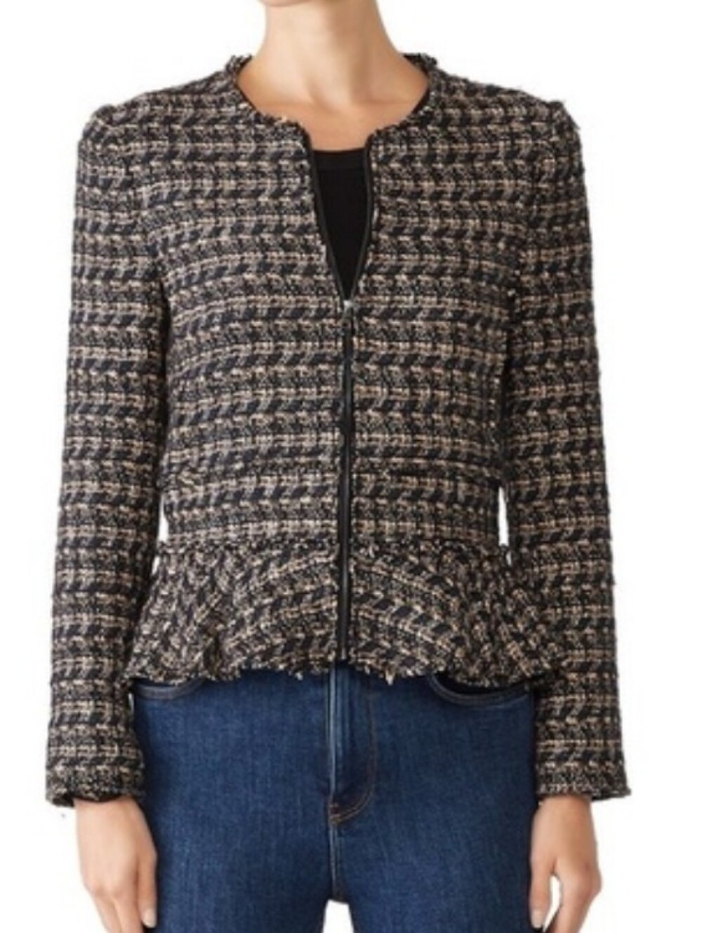 Rebecca Taylor Size 8 Tweed Peplum Jacket Navy Blush Fringe Zip Front Quiet Lux